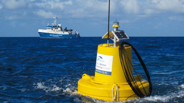 yellow buoy with blue and white vessel in background
