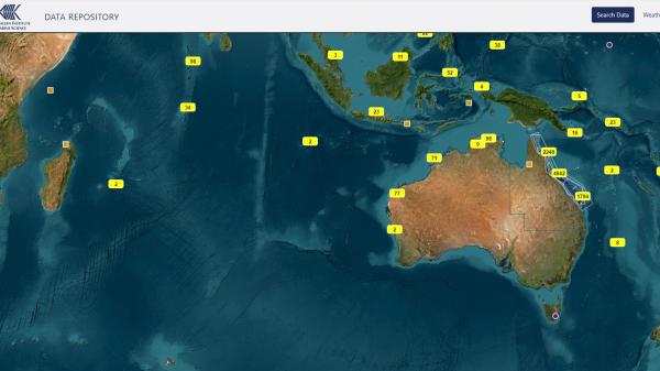 A satellite image of Australia and the indian ocean with many yellow boxes with numbers in the over the map, signifying data repository