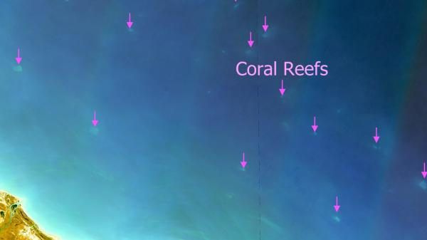 Satellite imagery of north Australian coastal waters showing newly located coral reefs