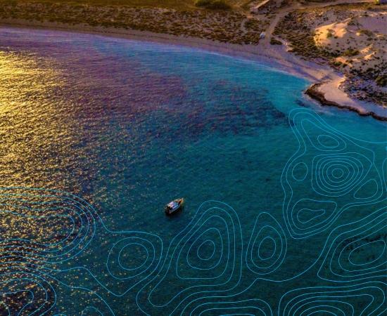 Boat on golden ocean overlaid by contour pattern