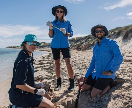 Scientists pose on tropical beach while taking water readings