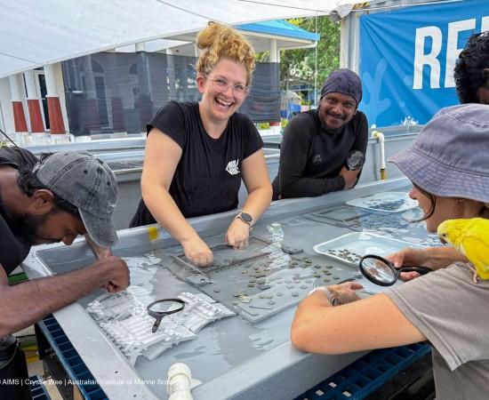 A group of people work together around a tank of shallow water
